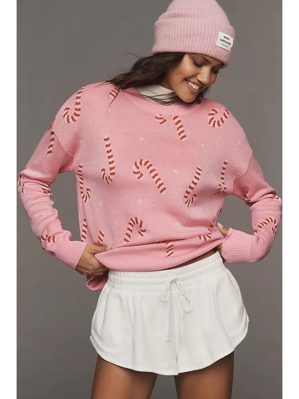 NWT Anthropologie x Beach Riot Callie Candy Cane Sweater Pink Holiday Christmas
